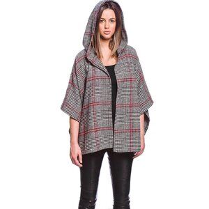 Thick Gray and Red Kimono with Hood - Glen check Pattern - NWT  One size fits Mo